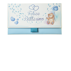 Biglietto Pochette Battesimo Orsetto Azzurro, colore azzurro, tradizionalmente maschietto, è perfetto per celebrare il battesimo di un bambino Dimensione: 16,5 x 10 x 9 cm