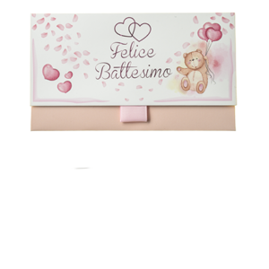 Biglietto Pochette Battesimo Orsetto Rosa ha dimensioni 16 x 10 x 9 cm ed è pratico e tascabile.  Nella parte interna superiore è presente un messaggio d’auguri, oltre allo spazio per un messaggio personalizzato da aggiungere a mano. 