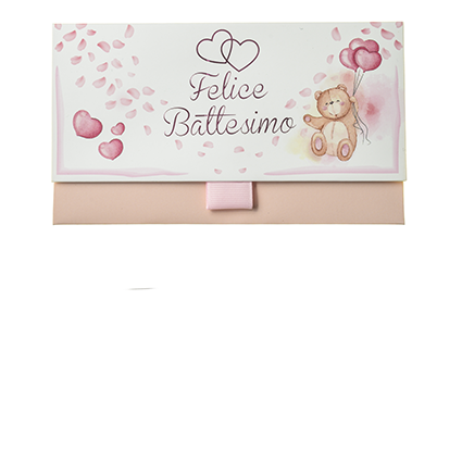 Biglietto Pochette Battesimo Orsetto Rosa - Parole di Carta