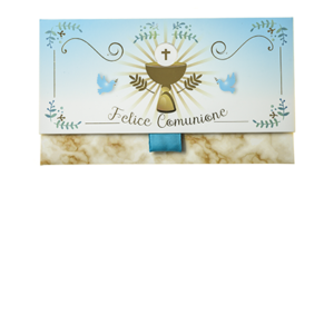 Biglietto Pochette “Felice Comunione” Azzurro&Marmo Oro è un biglietto augurale portasoldi pensato per festeggiare la prima comunione.