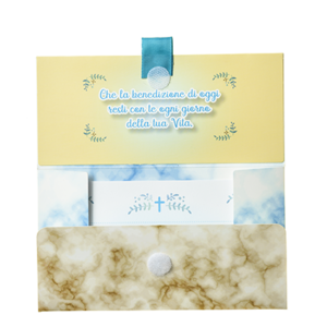 Biglietto Pochette “Felice Comunione” Azzurro&Marmo Oro è un biglietto augurale portasoldi pensato per festeggiare la prima comunione.